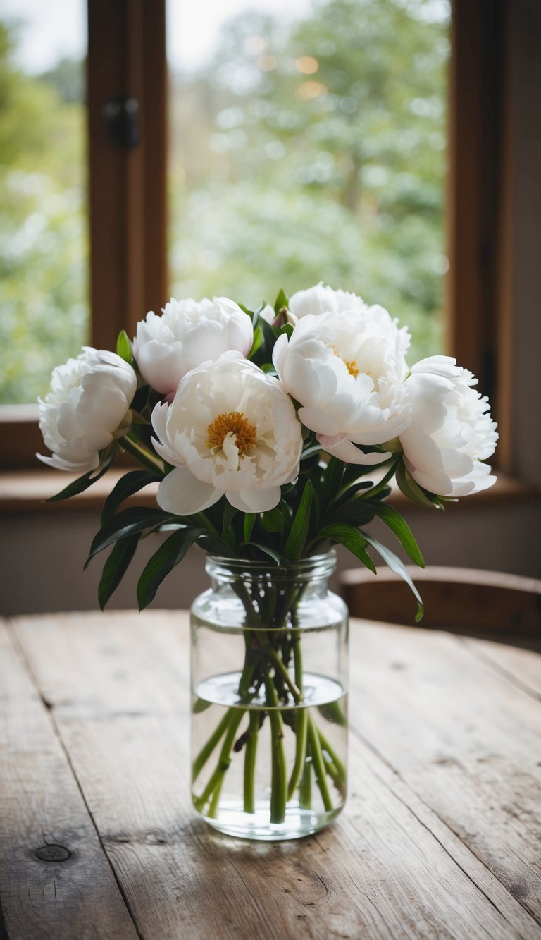 A vase of simple white peonies sits on a rustic wooden table, bathed in soft natural light from a nearby window