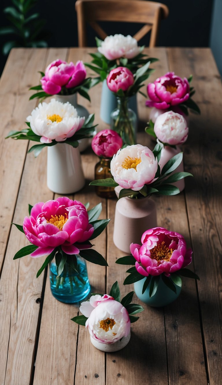 A rustic wooden table adorned with 10 boho peony arrangements in various vases, showcasing pretty and vibrant peony flower bouquets