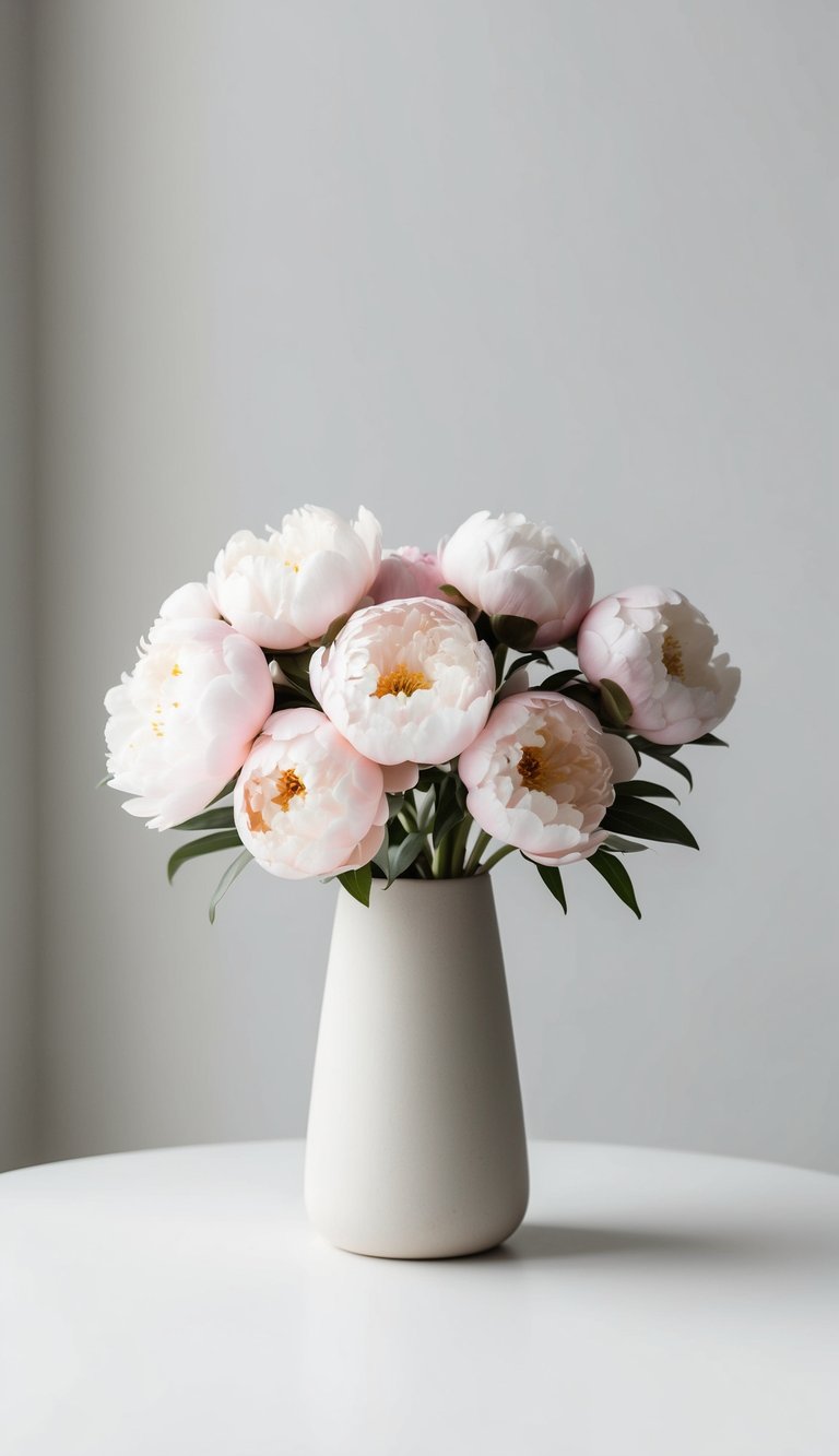A simple vase holds a delicate bouquet of peony flowers in soft pastel colors, set against a clean, minimalist background