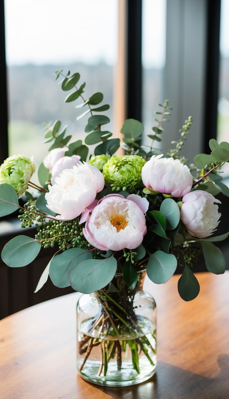 A lush bouquet of peonies and eucalyptus arranged in a glass vase on a wooden table