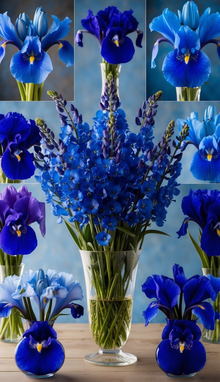 A vase filled with a mix of blue delphinium and iris flowers arranged in 10 separate blue flower arrangements