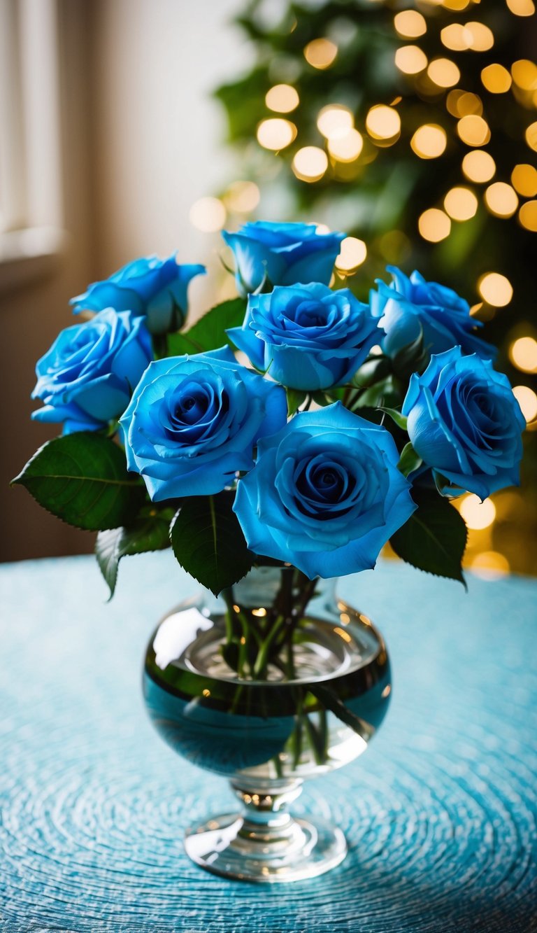 A glass vase holds 10 blue rose arrangements, each with delicate petals and lush green leaves