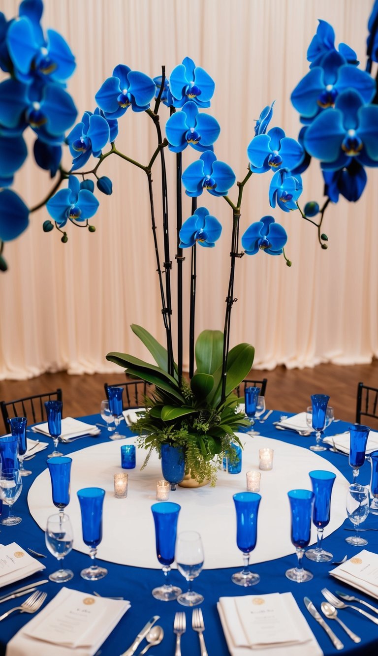 A circular table with 10 blue orchid centerpieces surrounded by blue flower arrangements