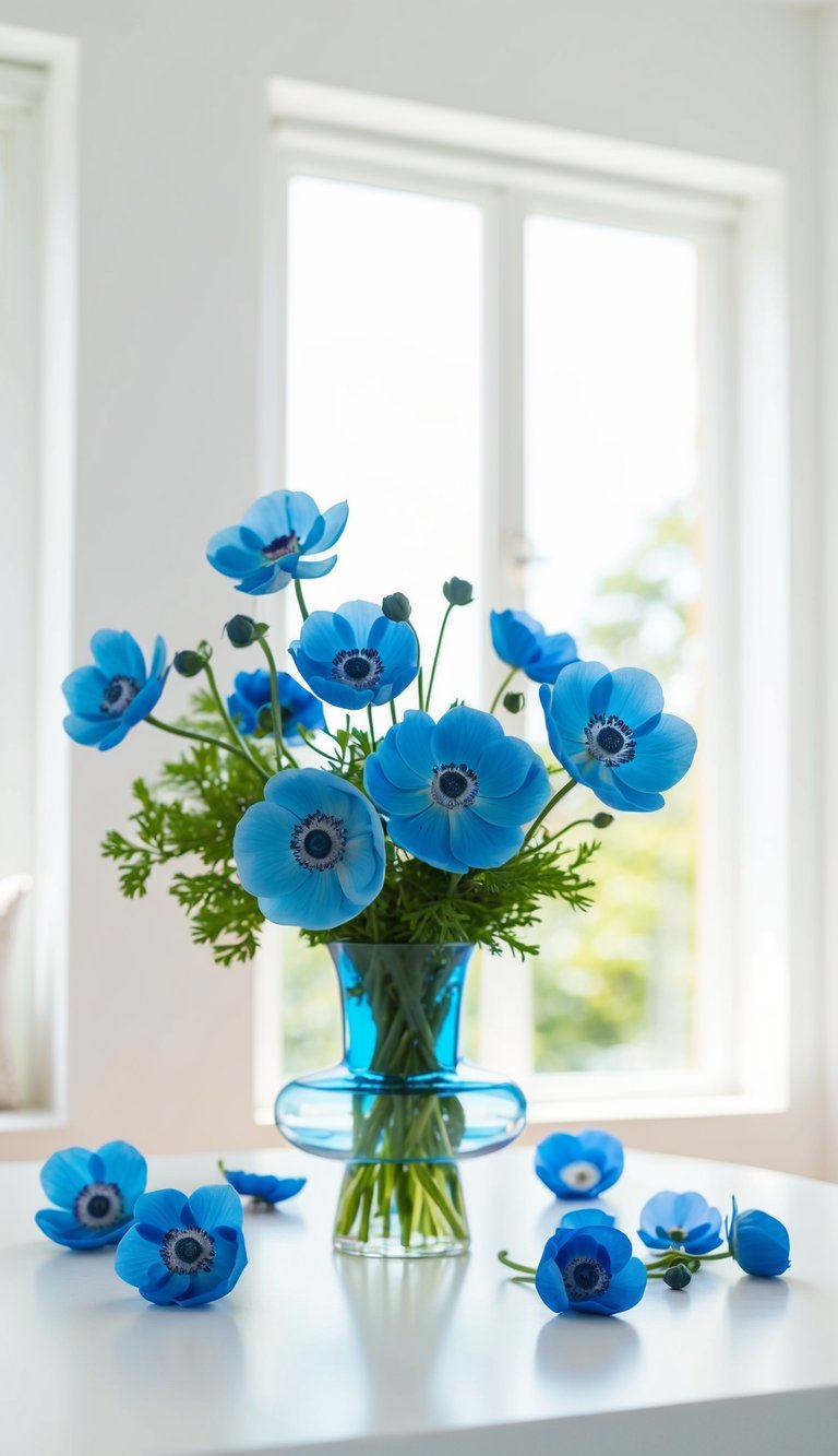 A blue anemone vase holds 10 blue flower arrangements in a bright, airy room with natural light streaming in