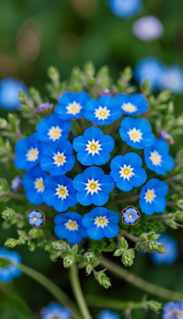 A cluster of 10 vibrant blue forget-me-not flowers arranged in a circular pattern, with delicate green stems and leaves intertwined