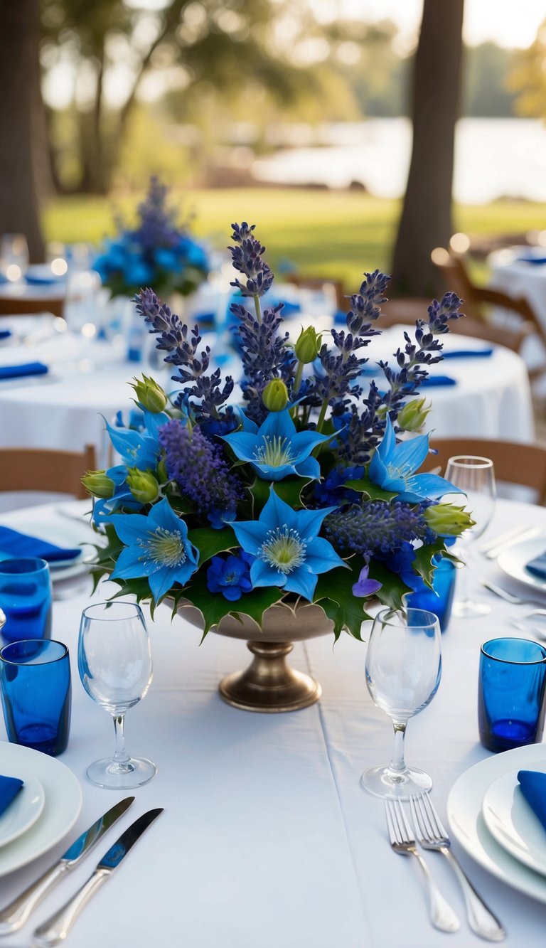 A table adorned with 10 blue flower arrangements of Sea Holly and Lavender