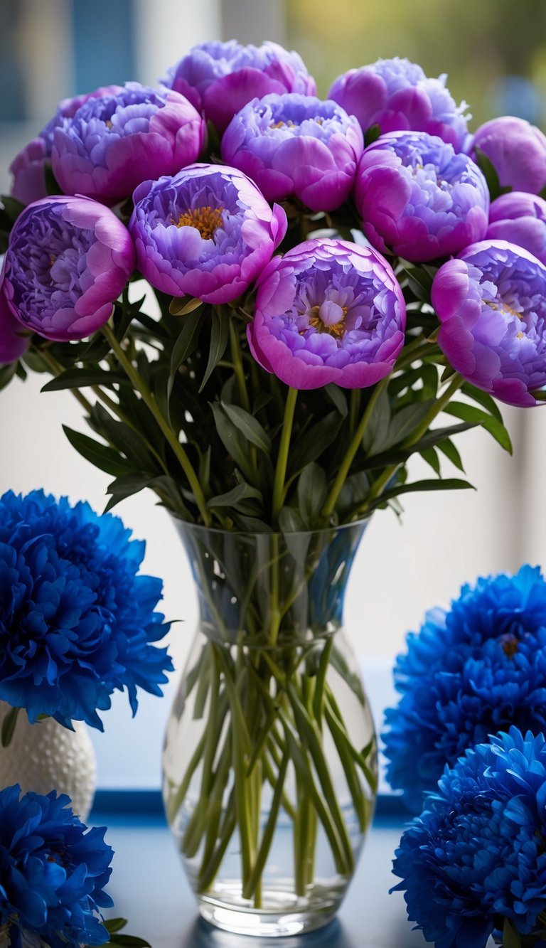 A vase filled with 10 periwinkle peony sprays, surrounded by blue flower arrangements