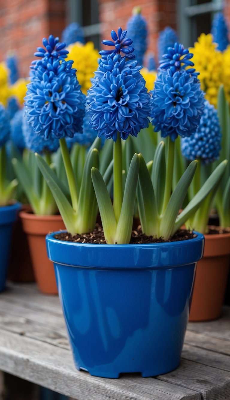 A blue hyacinth pot with 10 blue flower arrangements