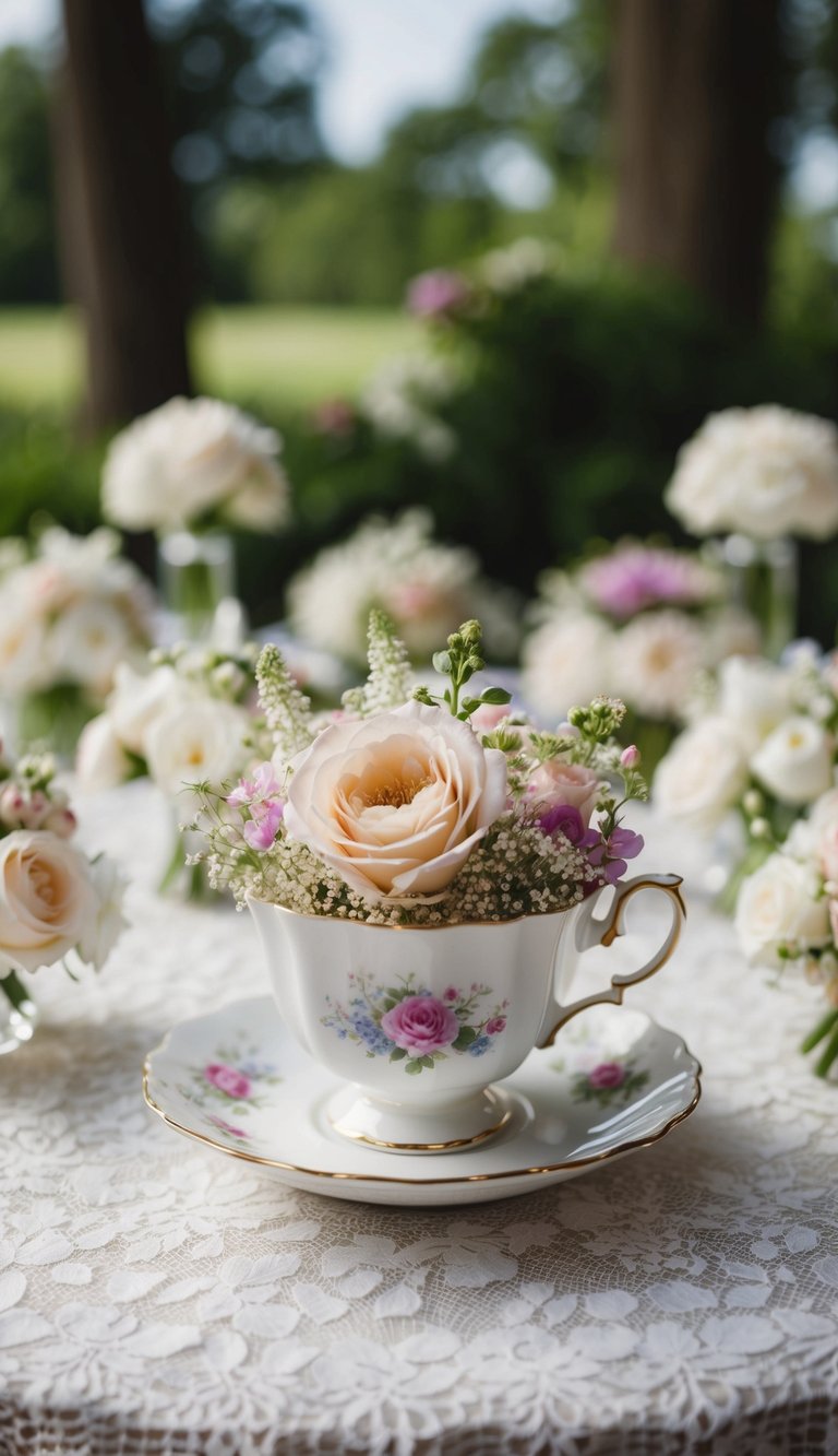 A vintage teacup filled with a delicate floral display sits atop a lace tablecloth, surrounded by nine other wedding flower arrangements