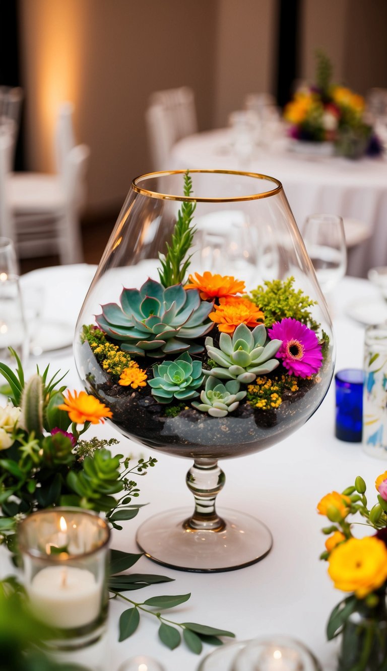 A glass terrarium filled with succulents and colorful flowers sits as a stunning centerpiece on a wedding reception table