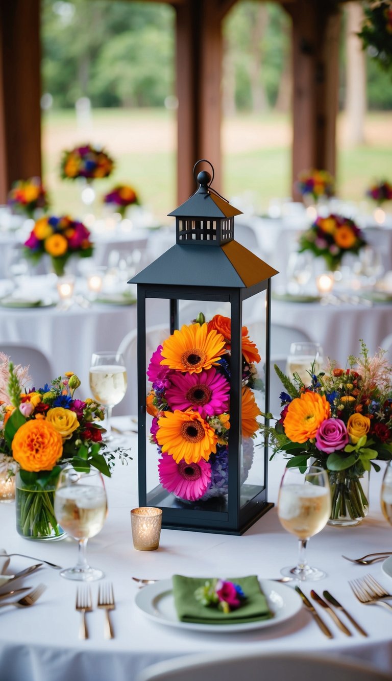 A lantern filled with colorful flowers serves as the centerpiece for a wedding table, surrounded by nine more unique floral arrangements