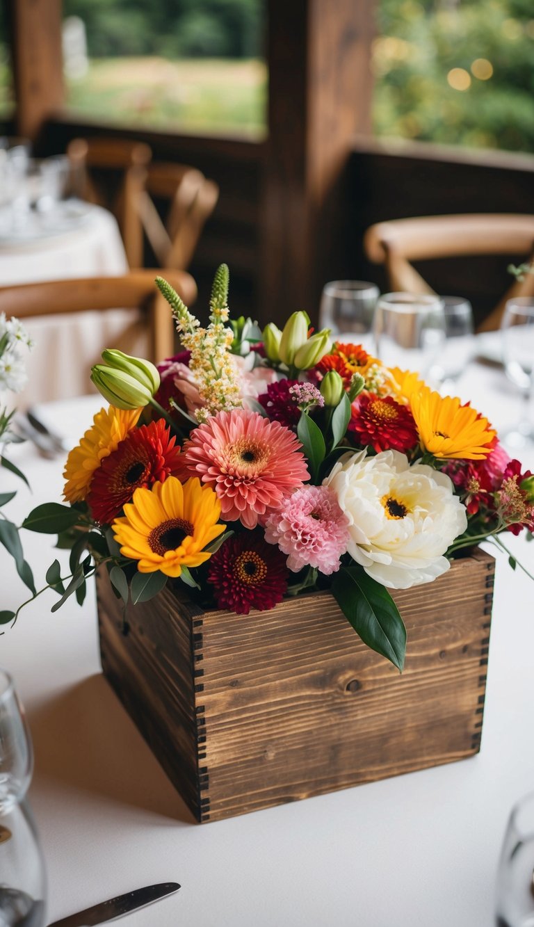 A rustic wooden box filled with colorful flowers serves as a wedding table centerpiece