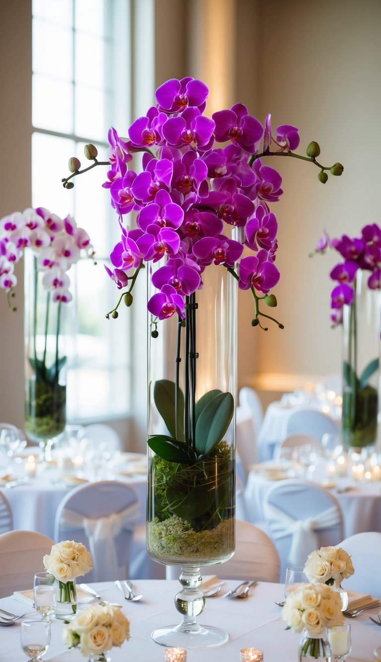 A tall glass vase filled with cascading orchids sits atop a table, surrounded by other wedding flower arrangements