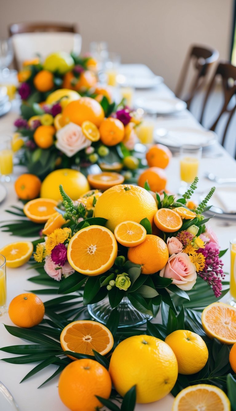 A vibrant mix of citrus fruits and flowers arranged in a beautiful centerpiece for a wedding table