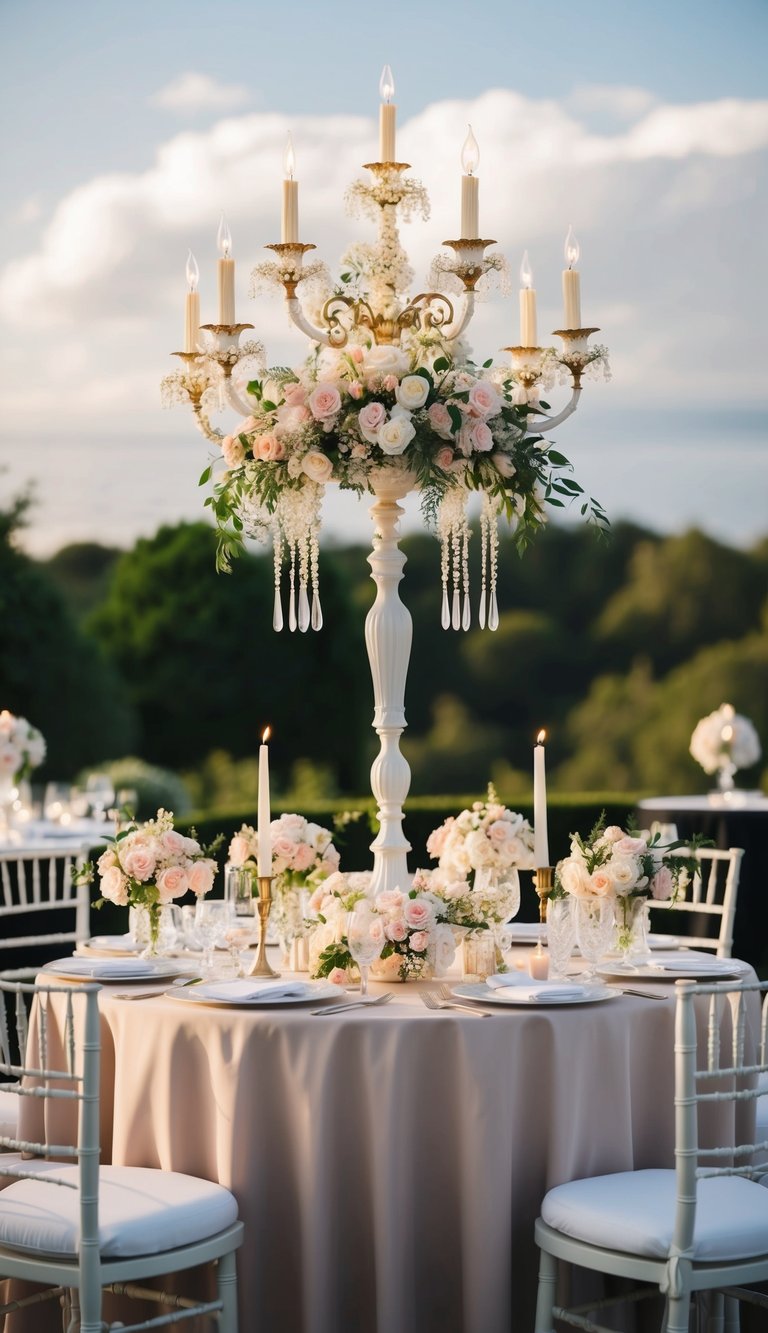 An elegant candelabra adorned with florals sits atop a round table, surrounded by nine other wedding flower arrangements