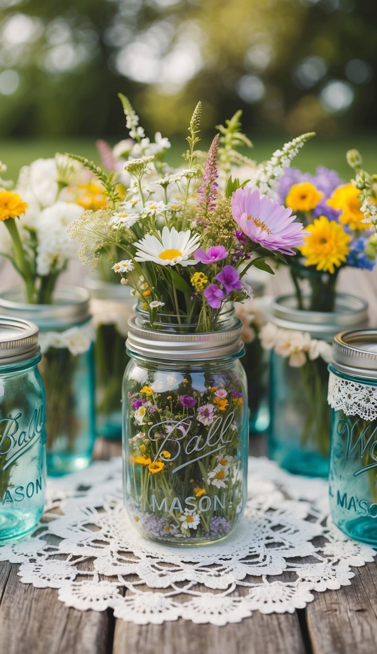 A mason jar filled with wildflowers sits atop a lace doily, surrounded by nine other jars, each with a unique arrangement of wedding flowers