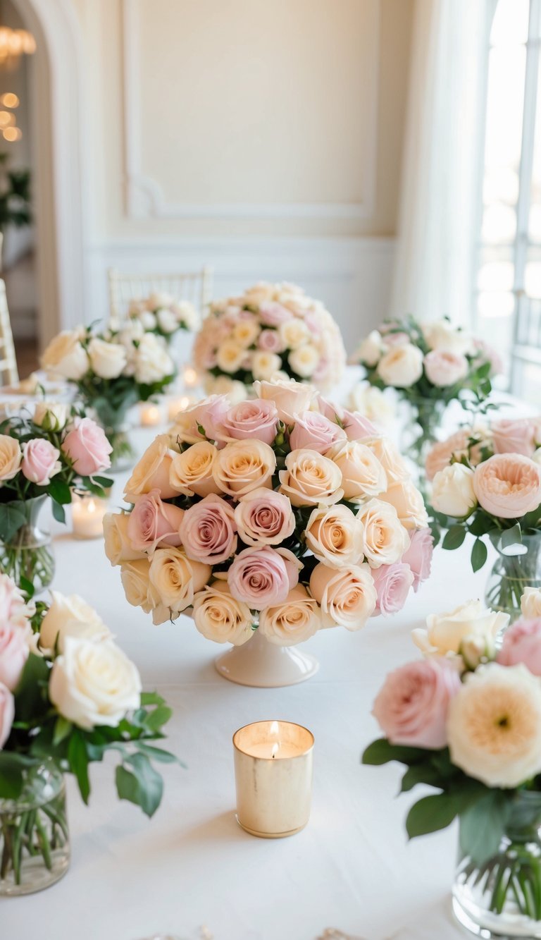 A soft pastel rose display adorns a wedding table, surrounded by 10 beautiful floral arrangements