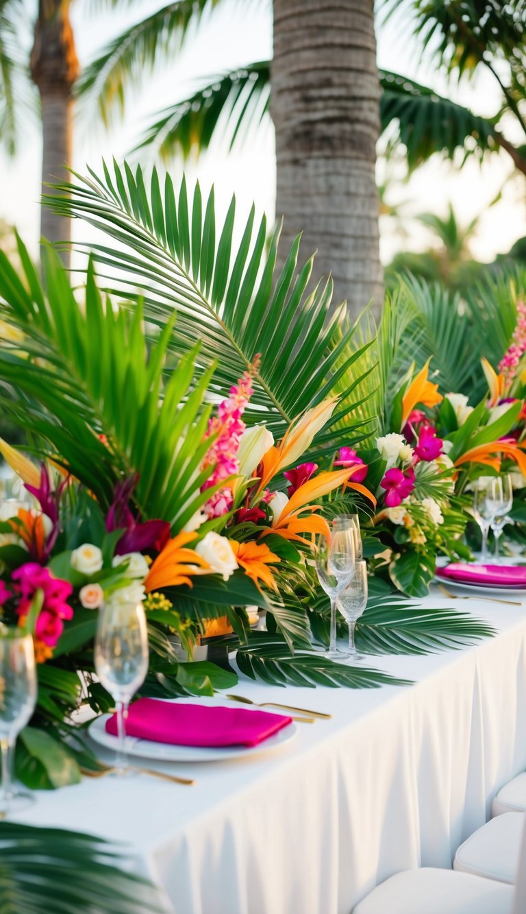 Lush palm leaves surround vibrant floral arrangements on a table, creating a tropical wedding centerpiece