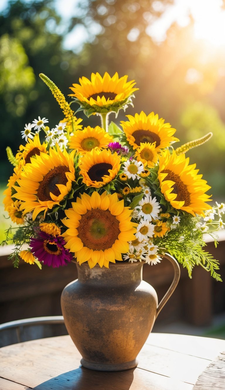 A vibrant bouquet of sunflowers, daisies, and wildflowers in a rustic vase on a sunlit table