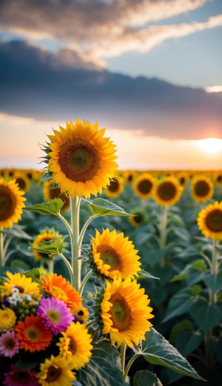 A field of sunflowers at sunrise, with a colorful summer bouquet of flowers in the foreground