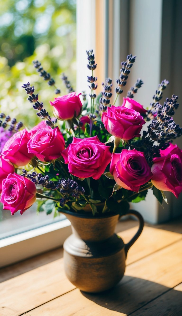 A vibrant bouquet of roses and lavender, arranged in a rustic vase, with sunlight streaming through a window onto the delicate petals