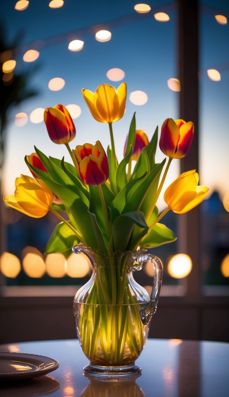 A vase filled with vibrant tulips and other summer flowers, illuminated by the soft glow of twilight