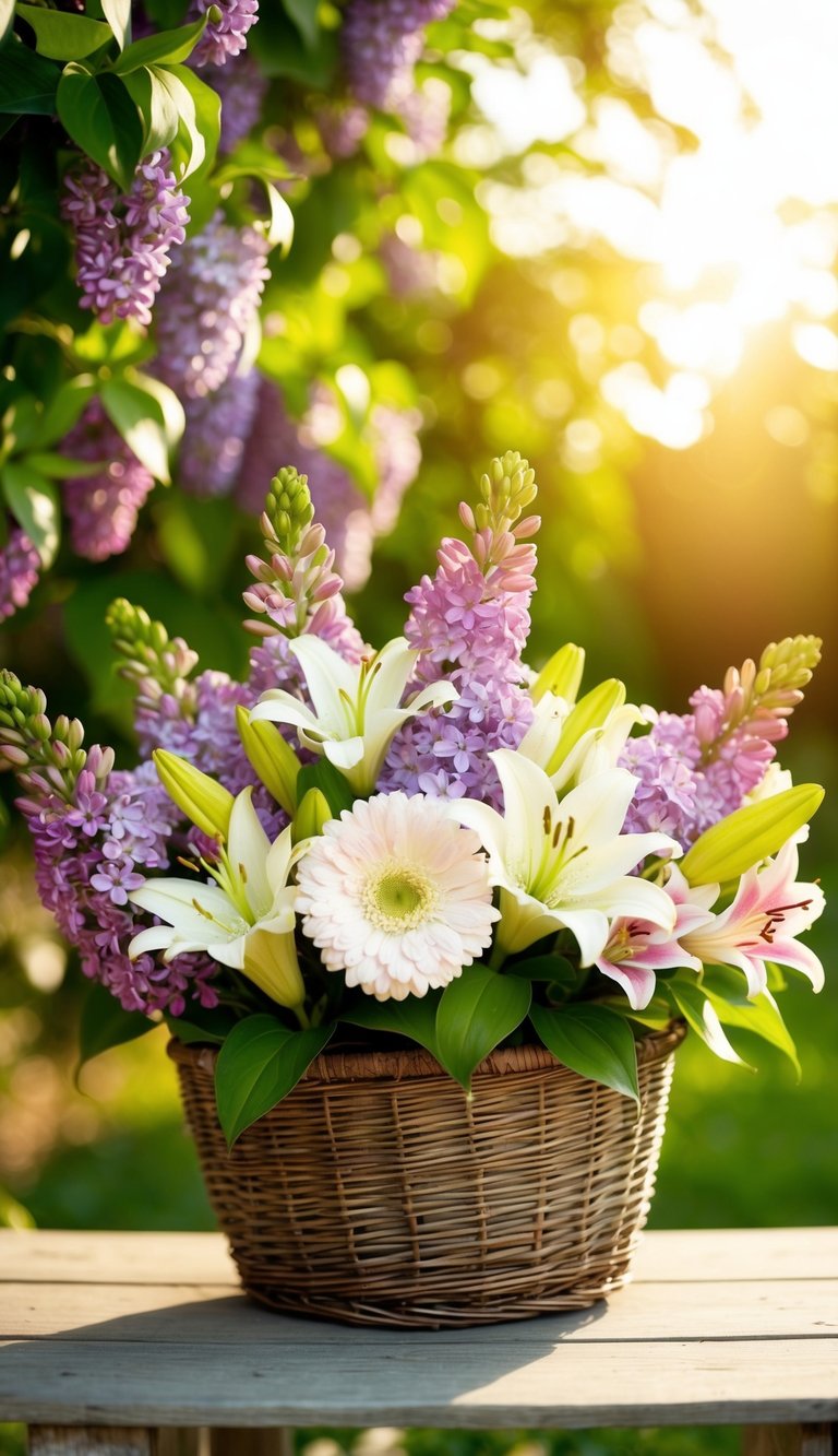 A vibrant bouquet of lilacs, lilies, and daisies nestled in a rustic wicker basket, basking in the warm glow of the summer sun