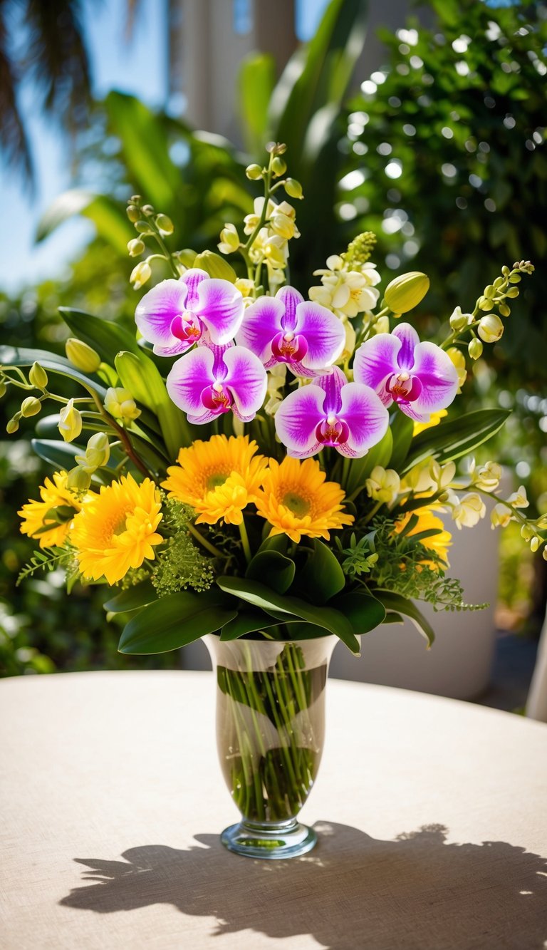 A vibrant bouquet of summer flowers, including orchids, surrounded by lush greenery in a glass vase on a sunlit table