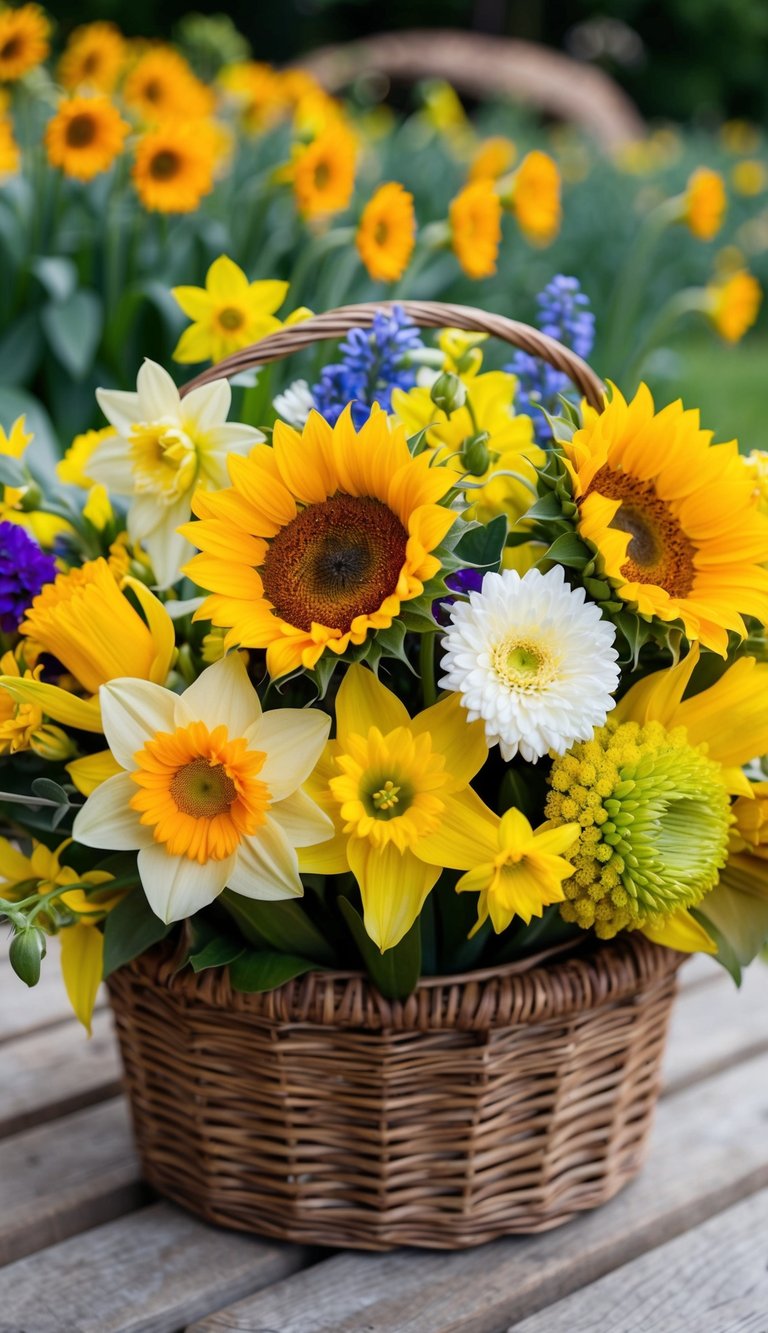 A vibrant bouquet of summer flowers, including sunflowers, daisies, and daffodils, arranged in a rustic wicker basket