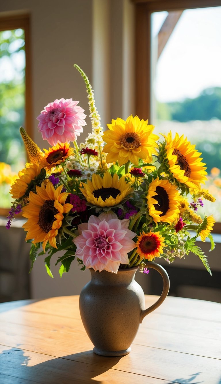 A vibrant bouquet of dahlia, sunflower, and wildflower stems arranged in a rustic vase on a sunlit table