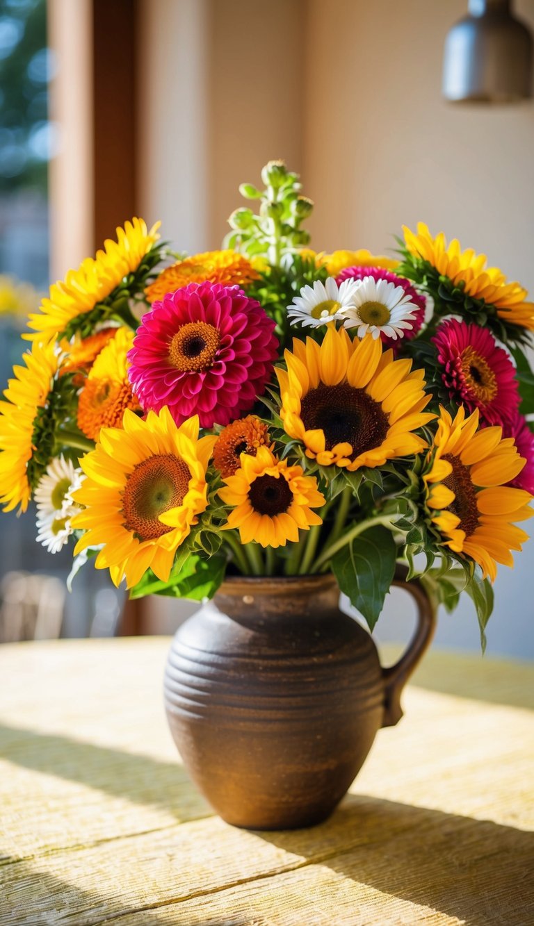 A vibrant bouquet of zinnias, sunflowers, and daisies arranged in a rustic vase on a sunlit table