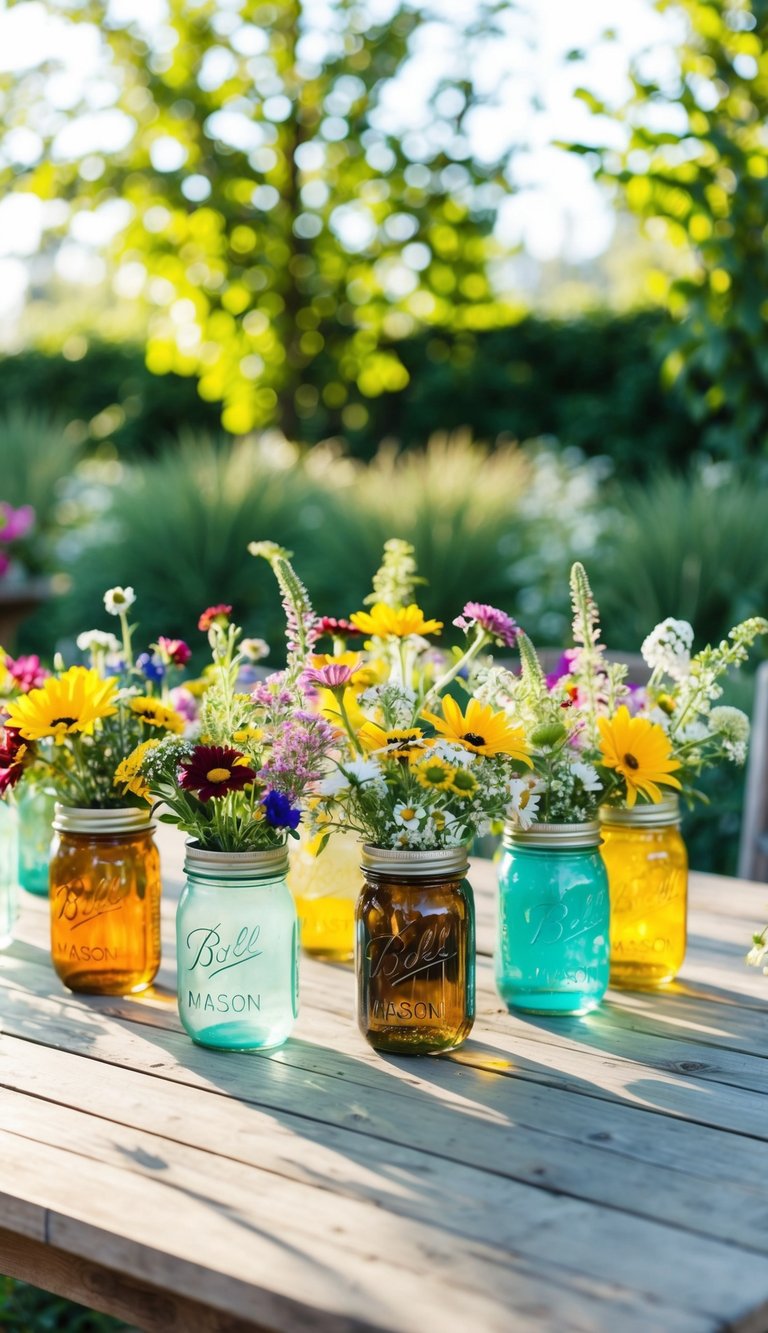 A rustic wooden table adorned with mason jar wildflower centerpieces in various colors and sizes, set against a backdrop of lush greenery and dappled sunlight
