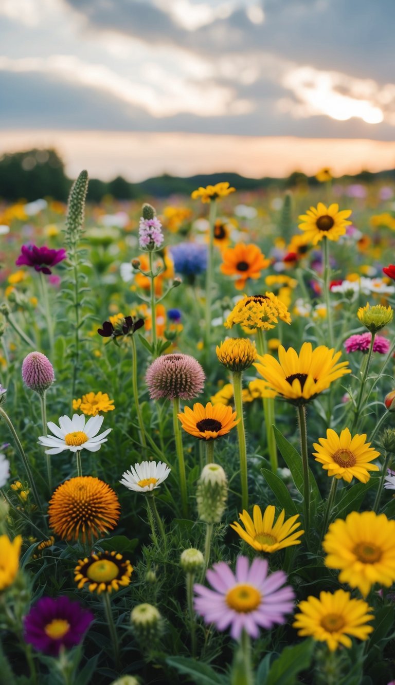 A variety of wildflowers in different shapes and colors arranged in a mixed meadow centerpiece