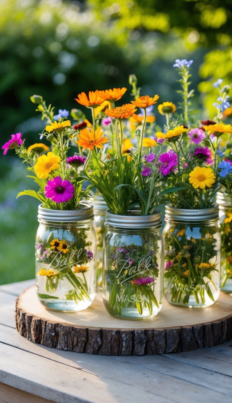 A wooden table adorned with mason jars filled with colorful wildflowers, surrounded by greenery and soft natural light