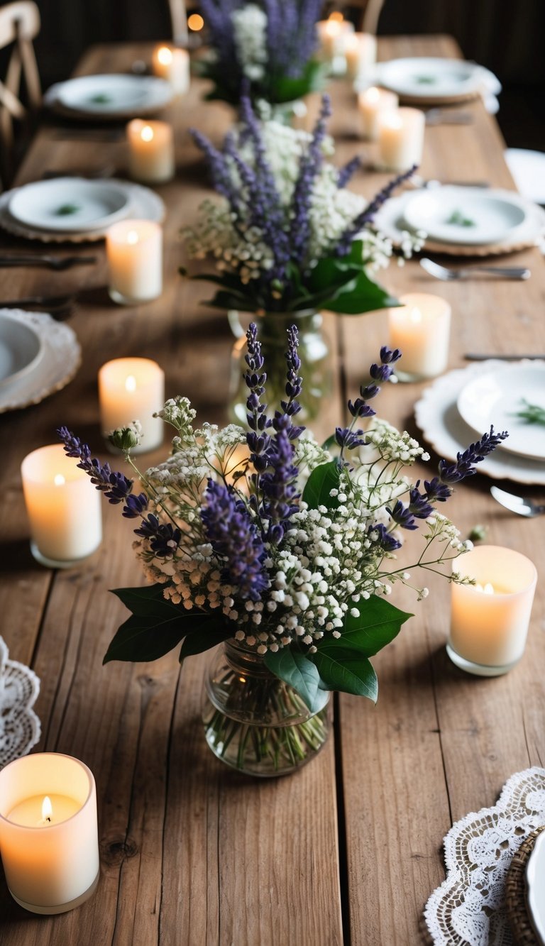 A rustic wooden table adorned with wildflower centerpieces of lavender and baby's breath, surrounded by soft candlelight and delicate lace accents
