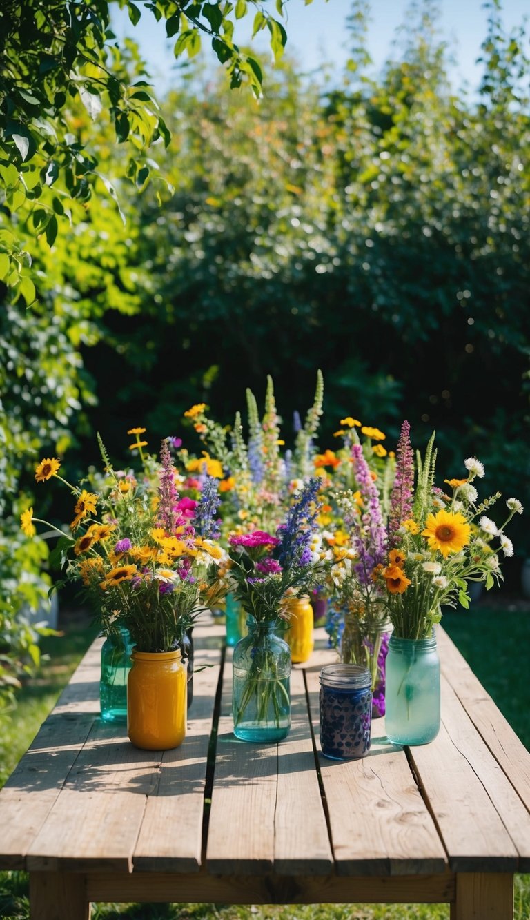 A rustic wooden table adorned with an array of colorful wildflowers in various vases and jars, surrounded by lush greenery and dappled sunlight