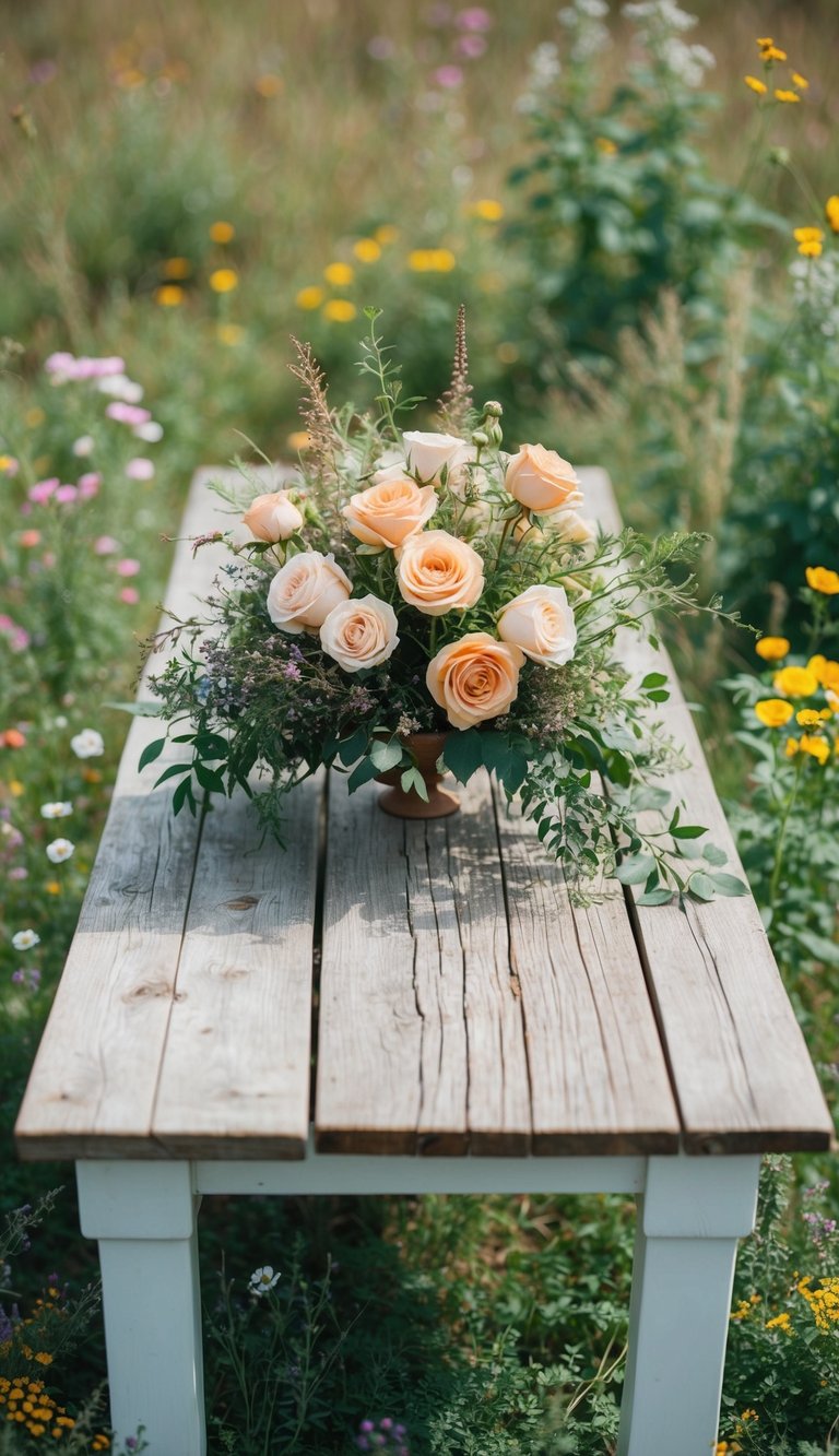 A rustic wooden table adorned with a wild rose arrangement, surrounded by various wildflowers and greenery