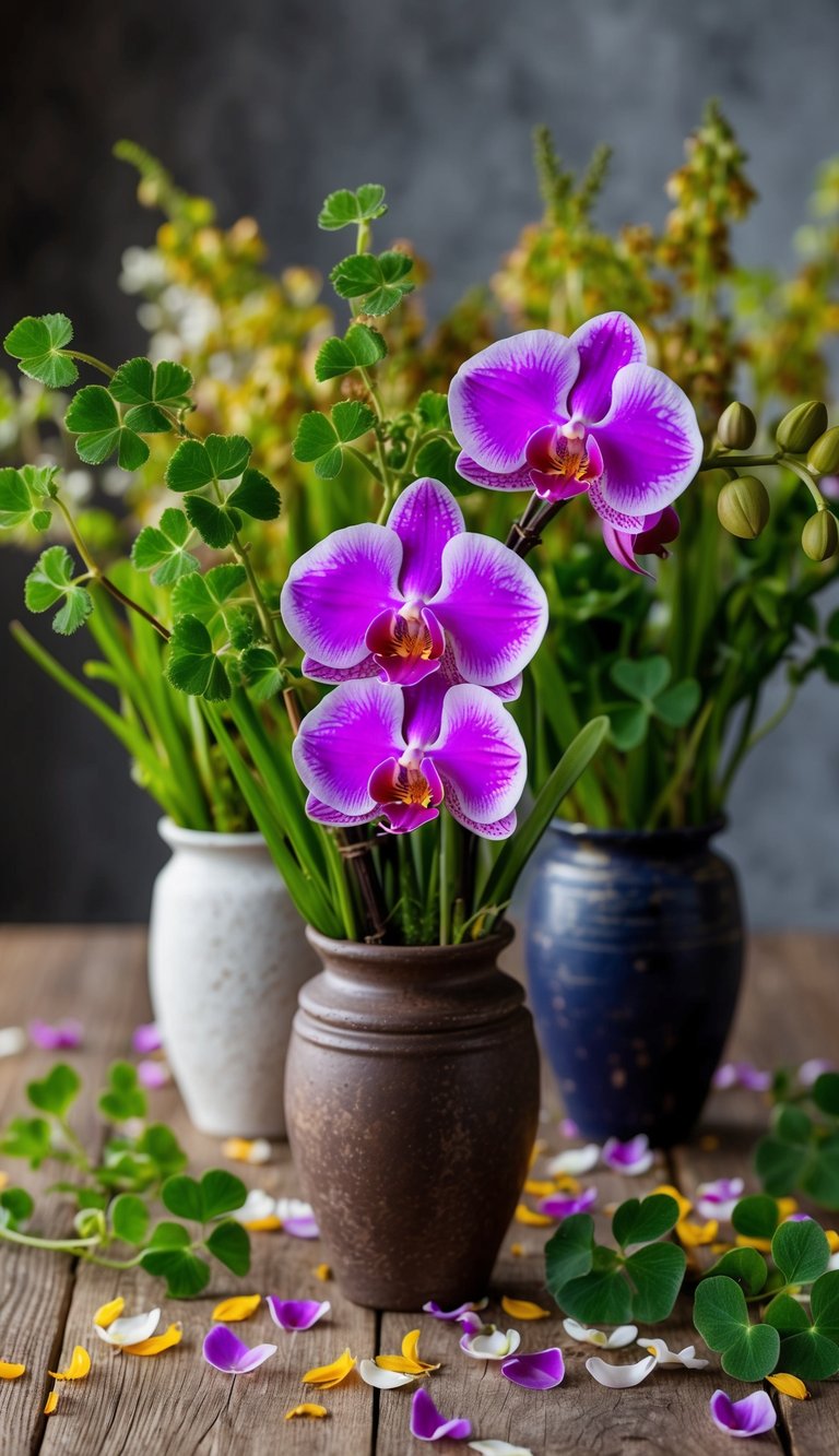 A vibrant mix of orchids and clover arranged in rustic vases, surrounded by scattered wildflower petals on a wooden table