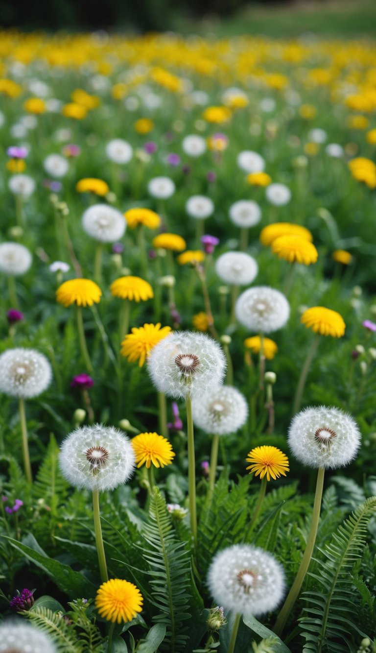 A lush field of dandelions and ferns, with scattered wildflower centerpieces in various stages of bloom