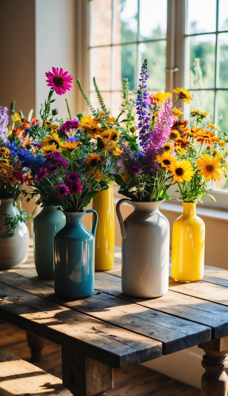 A rustic wooden table adorned with colorful wildflowers in various vases. Sunlight streams through a nearby window, casting a warm glow on the vibrant blooms