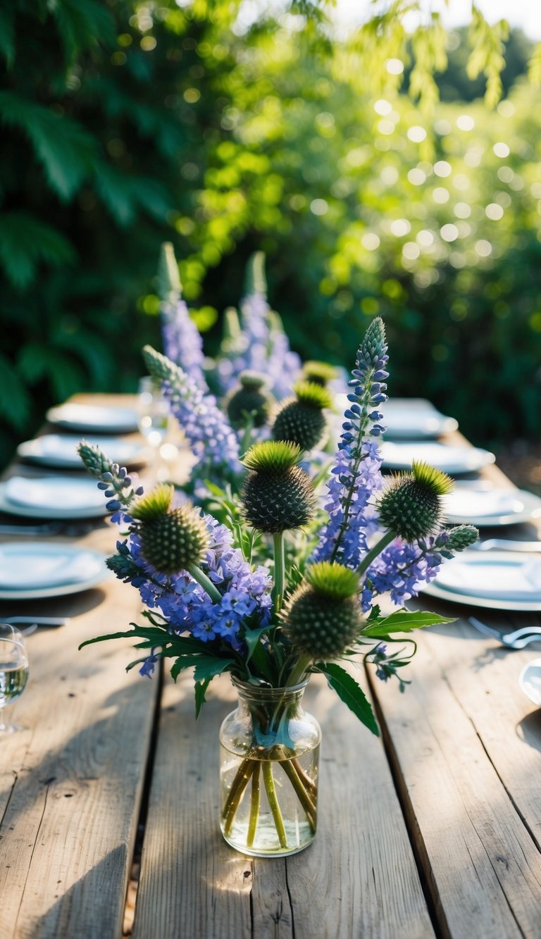 A rustic wooden table adorned with delicate delphinium and thistle wildflower centerpieces, set against a backdrop of lush greenery and dappled sunlight