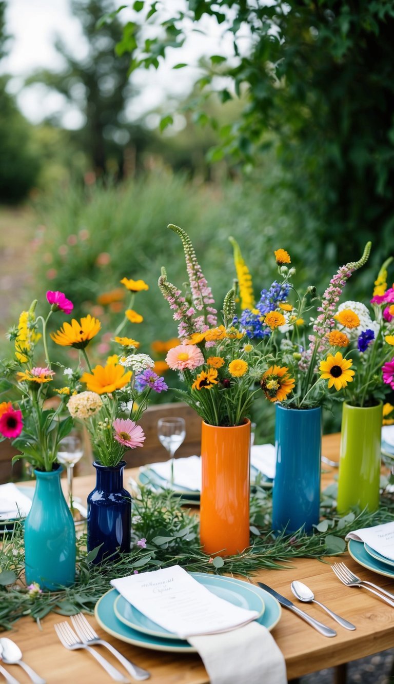A table set with a variety of wildflowers in colorful vases, surrounded by greenery and natural elements