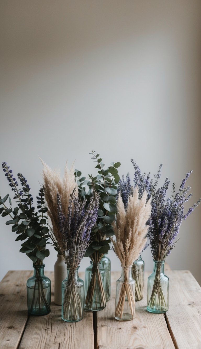 A rustic wooden table with 10 dried flower arrangements, featuring lavender and eucalyptus bunches, set against a soft, neutral backdrop