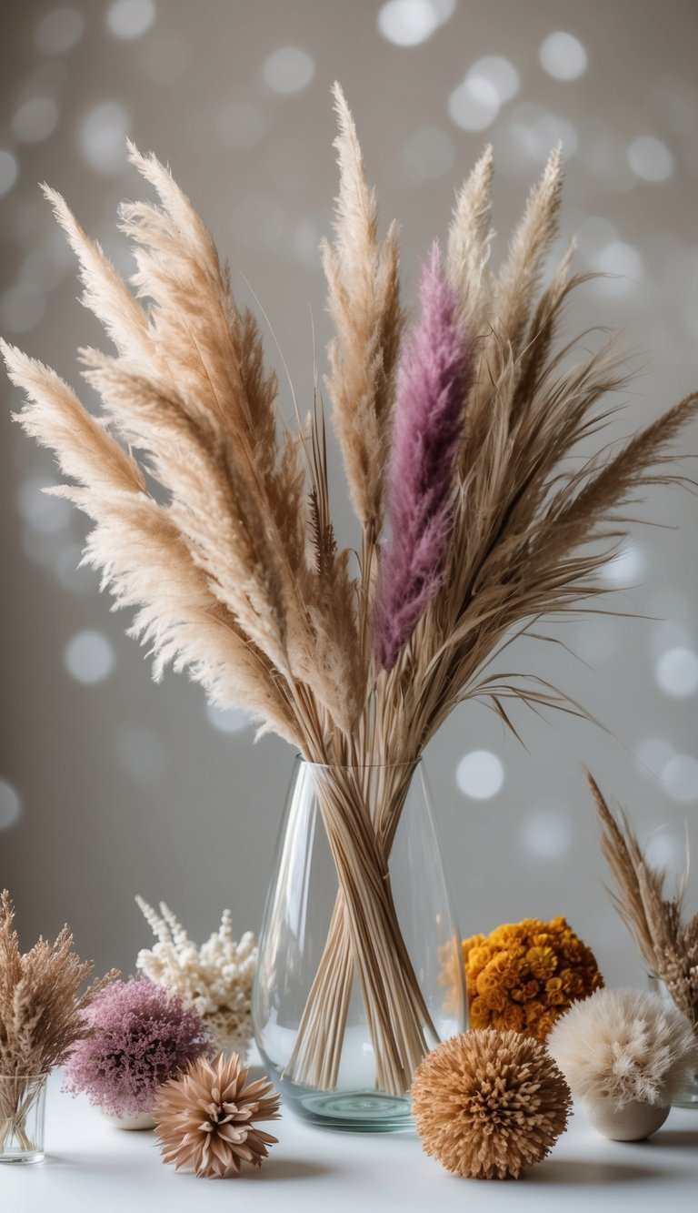 A glass vase holds a bouquet of dried pampas grass, surrounded by 10 other dried flower arrangements in various colors and shapes