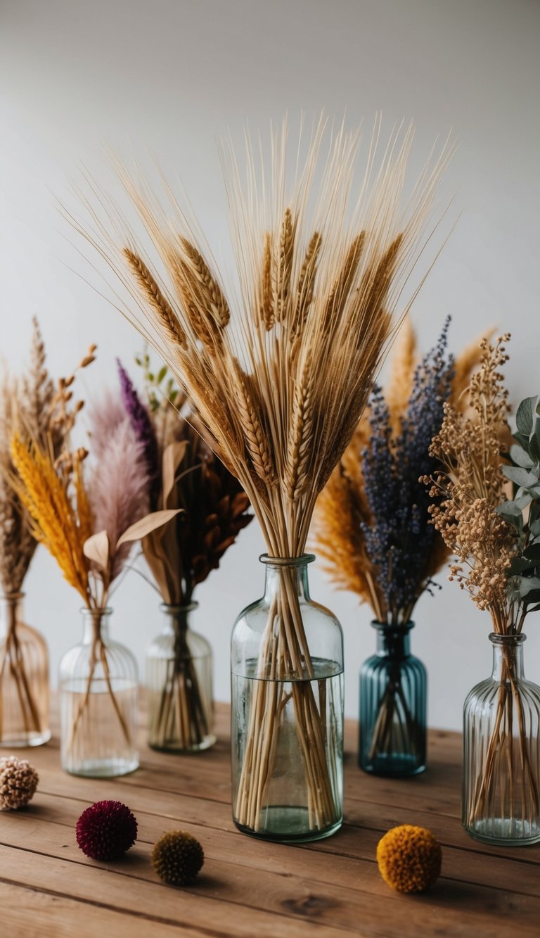 A wooden table with a rustic wheat arrangement in a glass vase surrounded by 10 dried flower arrangements of various colors and textures
