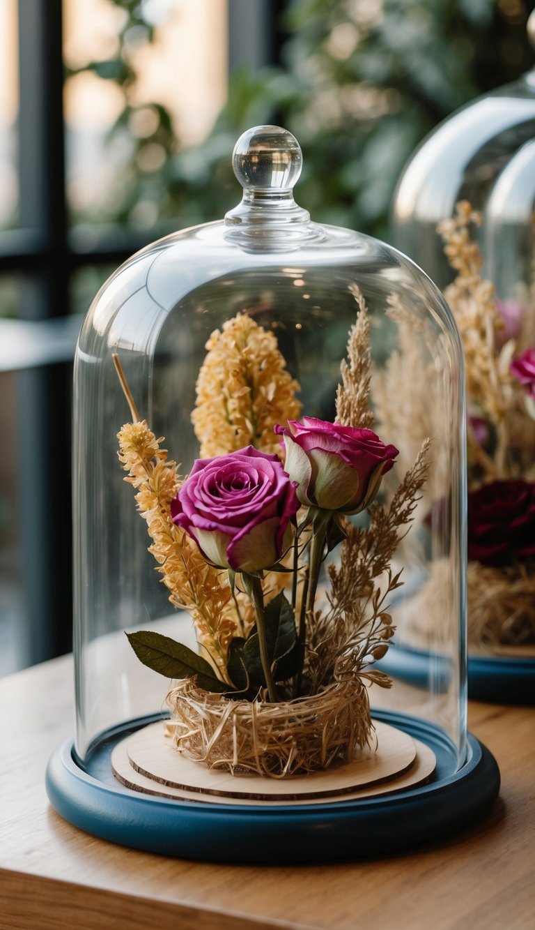A glass dome encases 10 dried flower arrangements, with preserved roses as the focal point