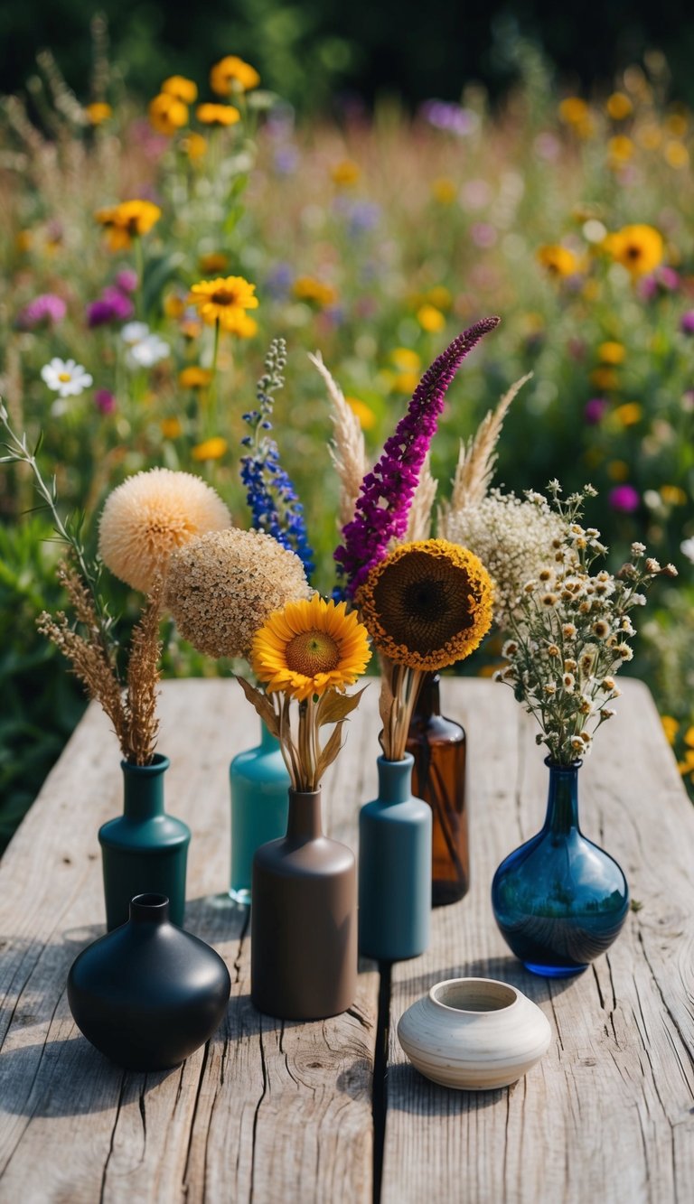A wooden table with 10 dried flower arrangements in various vases, surrounded by a colorful mix of wildflowers and greenery