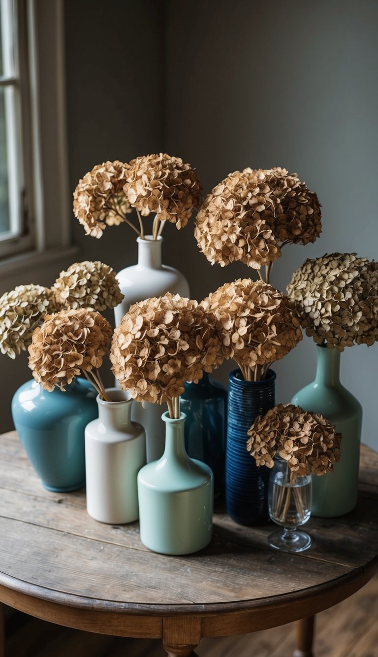 A vintage wooden table with 10 dried hydrangea clusters arranged in various vases and containers of different shapes and sizes