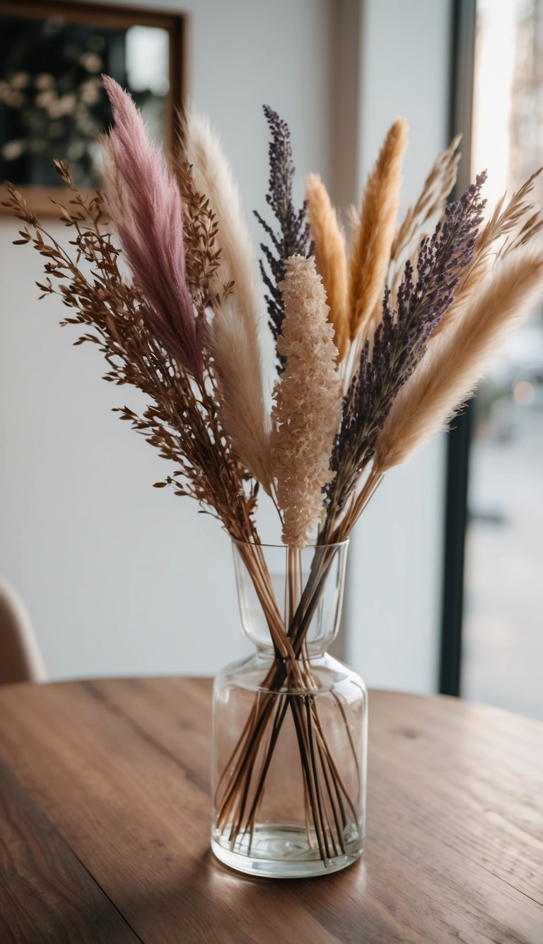 A glass vase filled with dried statice and 10 unique dried flower arrangements, varying in height and color, sitting on a wooden table