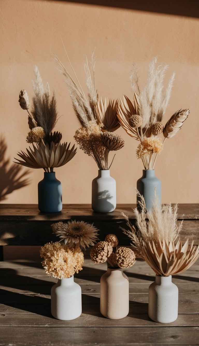 Ten dried flower arrangements in muted desert tones are displayed on a rustic wooden table, casting soft shadows in the warm afternoon sunlight